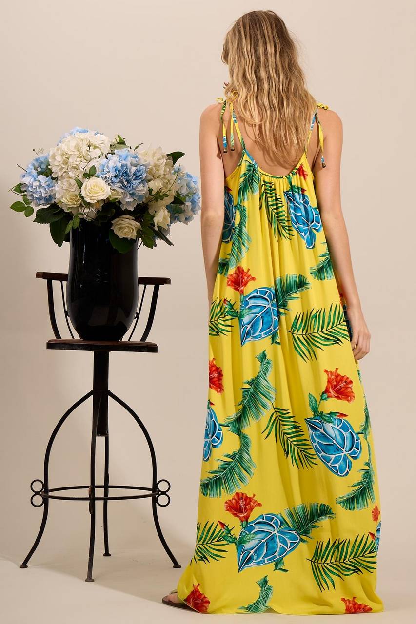 Vestido Longo Com Alças De Amarração Amarelo Estampado Yacamim C17