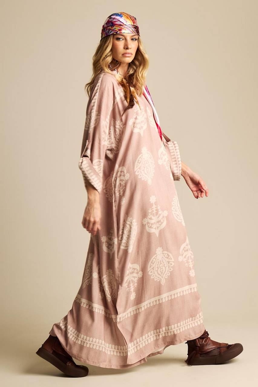Vestido Longo Com Decote Em V Transpassado Marrom Claro Estampado Yacamim N3