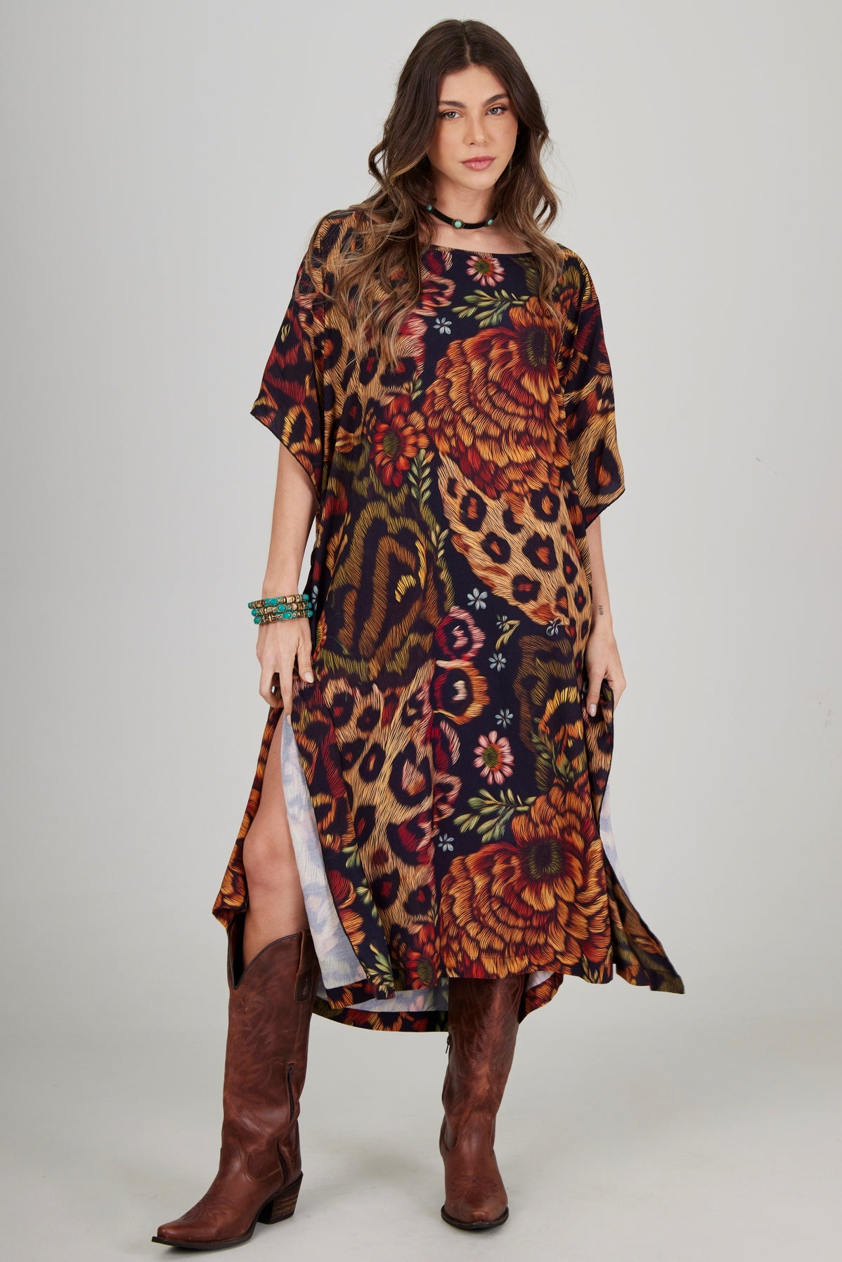 Kaftan Midi Amplo Animal Print Yacamim J3