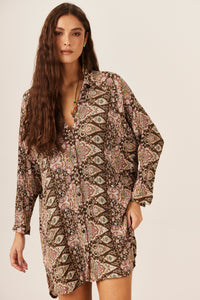 Chemise Ampla Com Mangas Marrom Estampa Paisley Yacamim P9