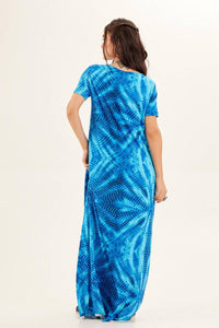 Vestido Longo Amplo Com Mangas Curtas E Estampa Digital Azul Tie Dye Yacamim