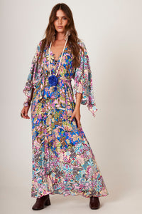 Vestido Longo Com Mangas 3/4 Azul Estampado Patchwork Yacamim D28