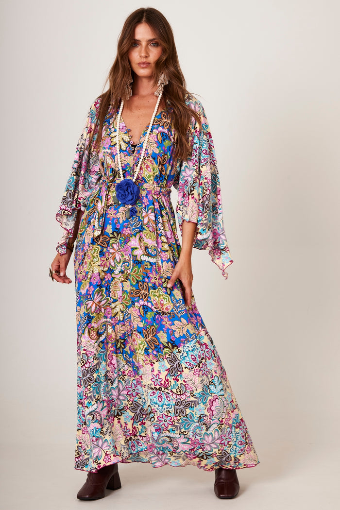 Vestido Longo Com Mangas 3/4 Azul Estampado Patchwork Yacamim D28
