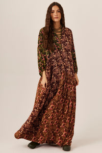 Vestido Longo Bordô E Verde Patchwork Yacamim D31