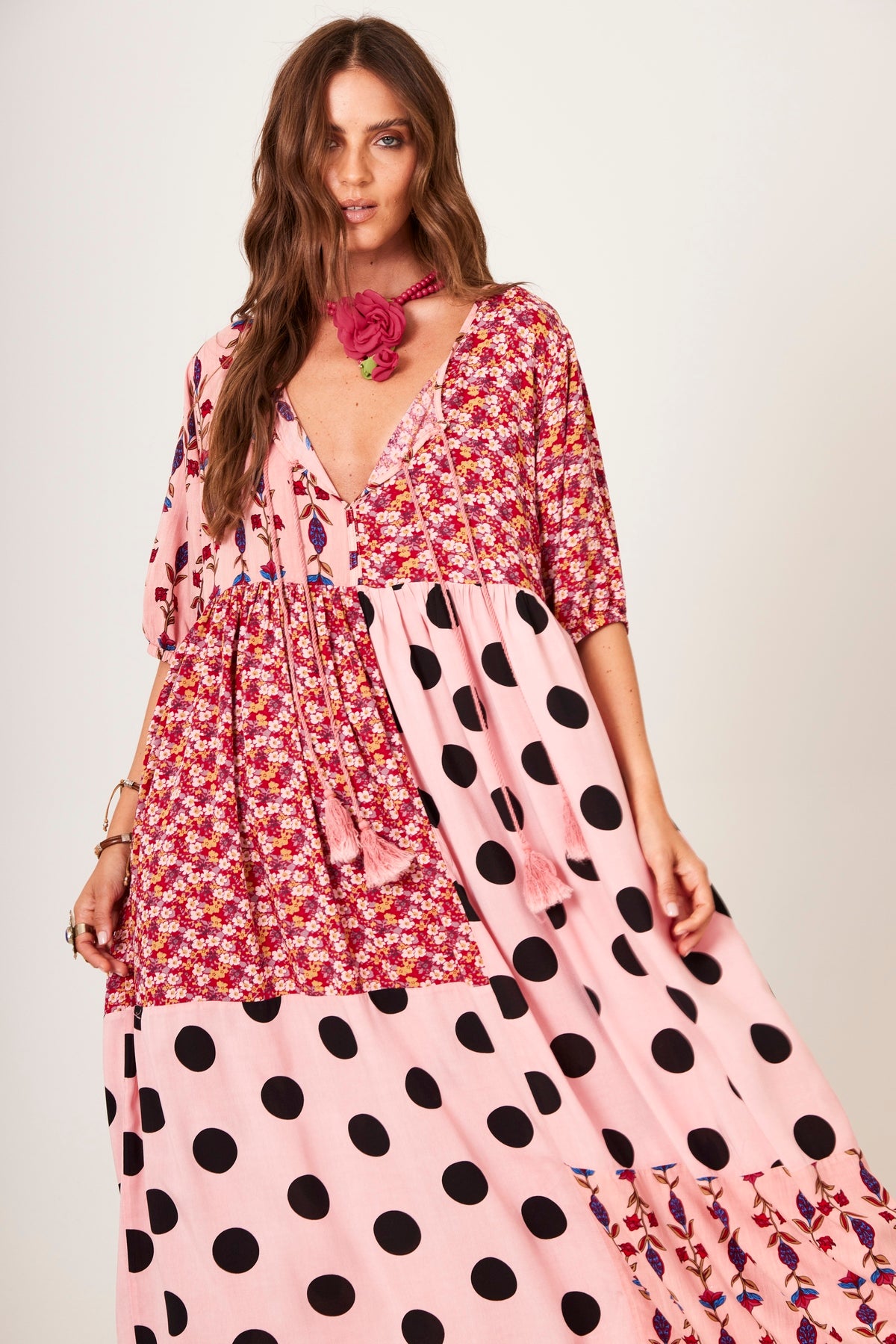 Vestido Midi Estampa De Poá Patchwork Rosa Claro Yacamim E26