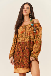 Vestido Curto Ciganinha Patchwork Marrom Claro Yacamim C11