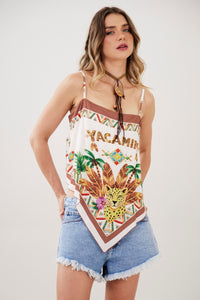 Cropped Lenço Bege Estampa Exclusiva Yacamim F2