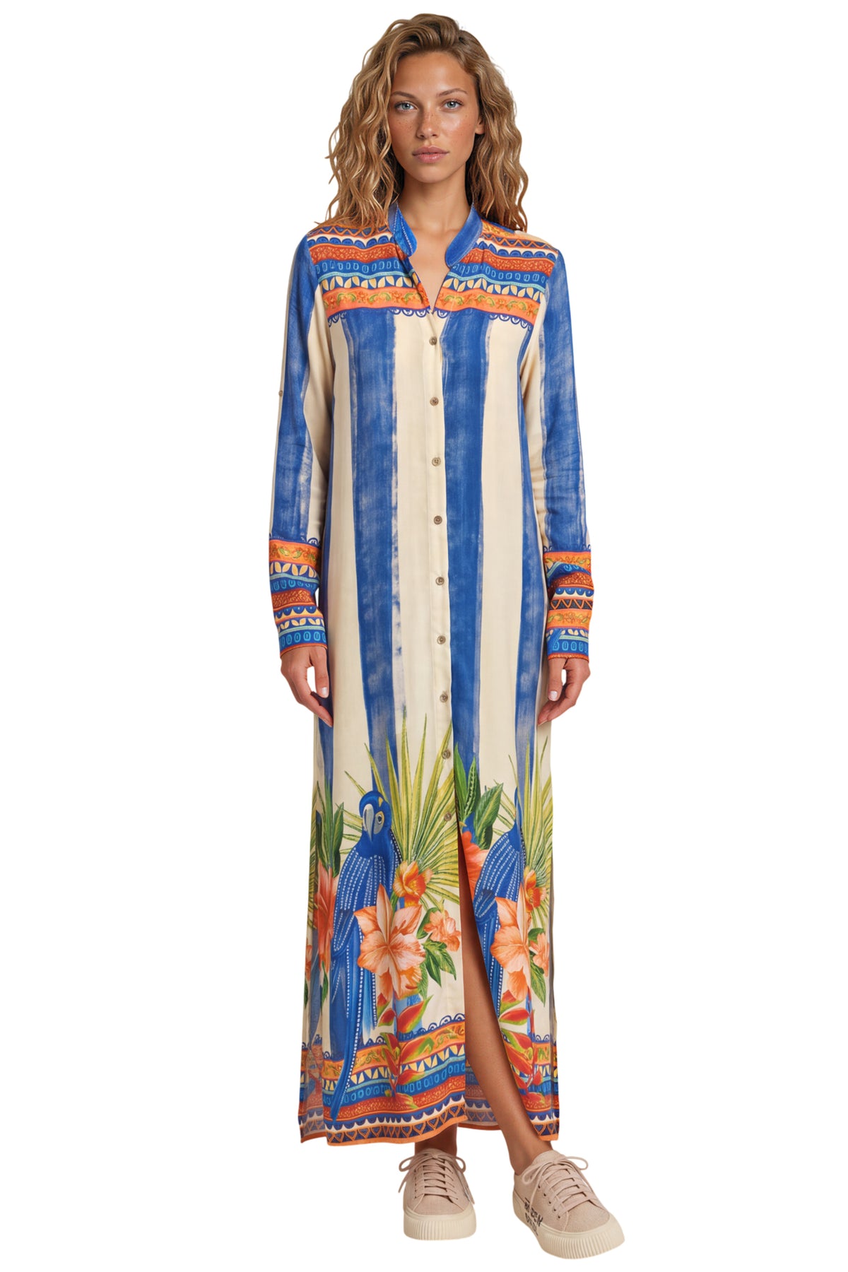 Chemise Longa Ampla Azul E Bege Listrado Estampado Manacá Yacamim M1
