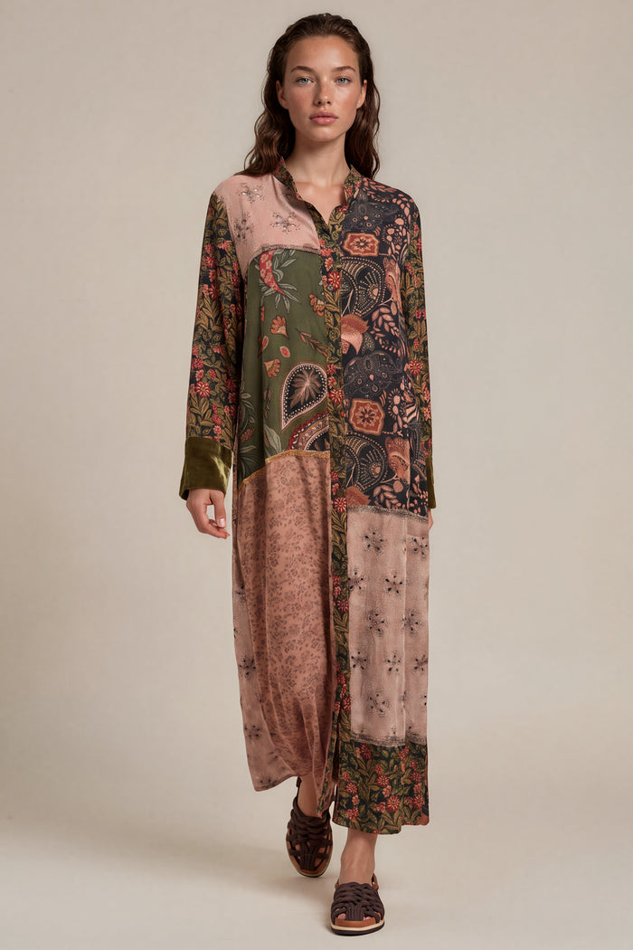 Chemise Longo Com Veludo E Viscolinho Marrom Patchwork Yacamim P9