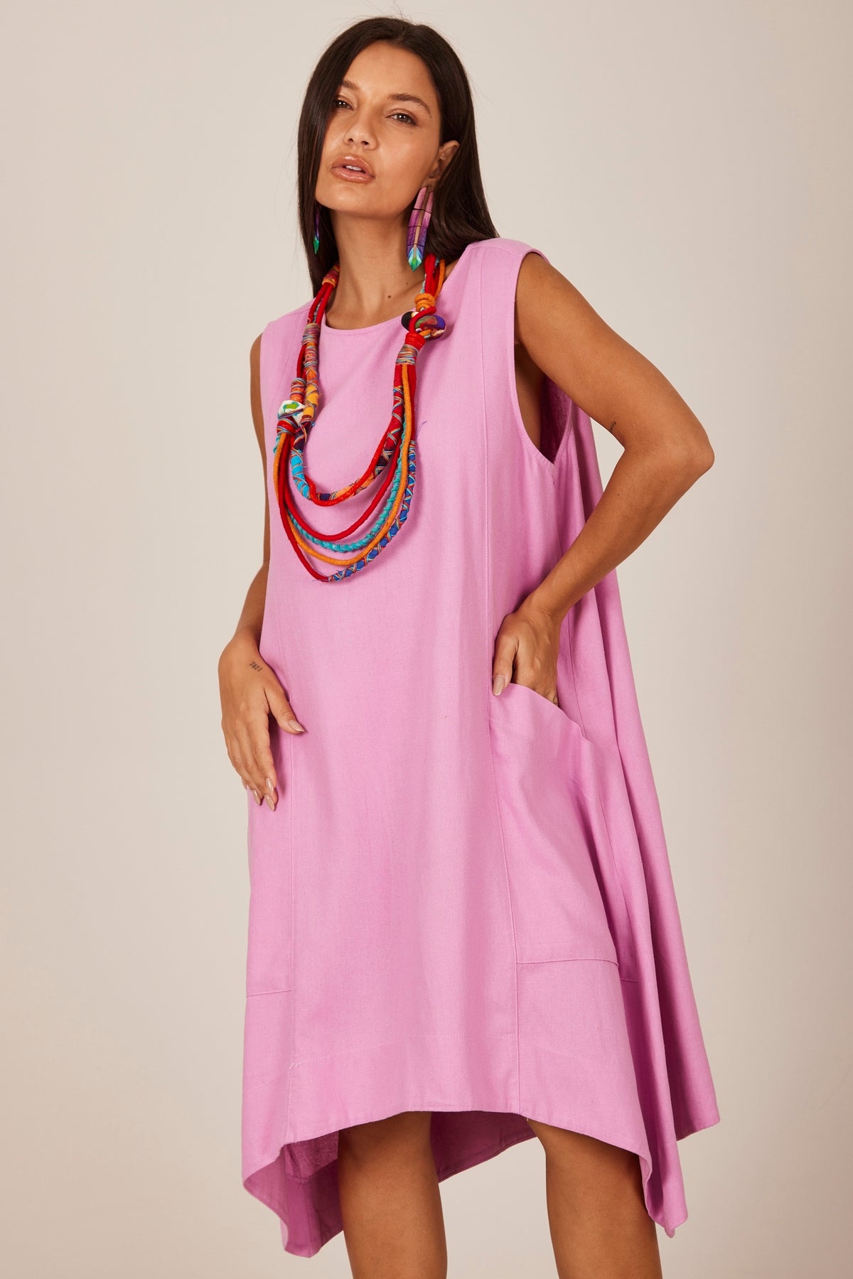Vestido Curto De Linho Regata Lilás Yacamim C8 Liso