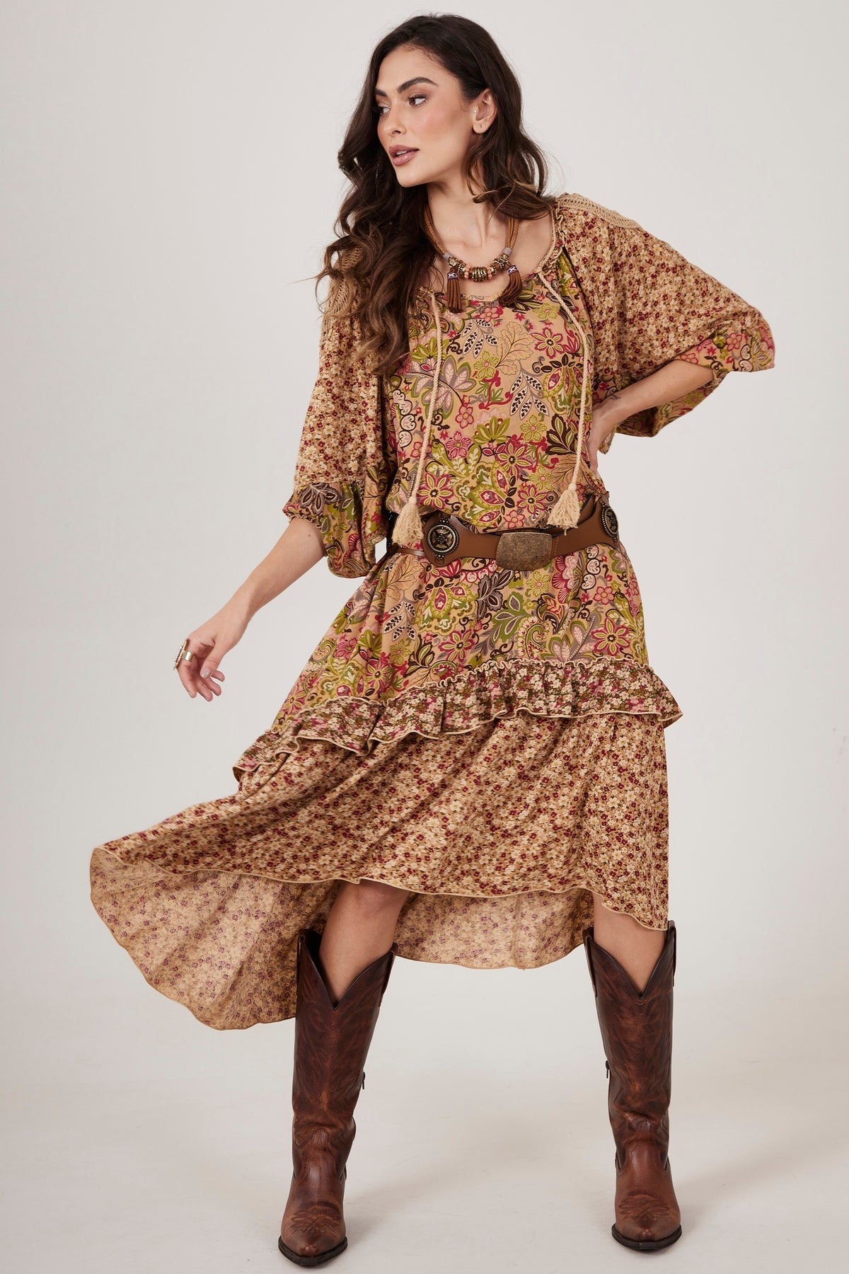 Vestido Midi Com Babados Marrom Claro Patchwork Yacamim C5