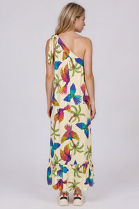 Vestido Longo De Um Ombro Só Bege Estampado Yacamim C4