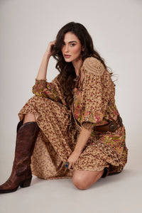 Vestido Midi Com Babados Marrom Claro Patchwork Yacamim C5