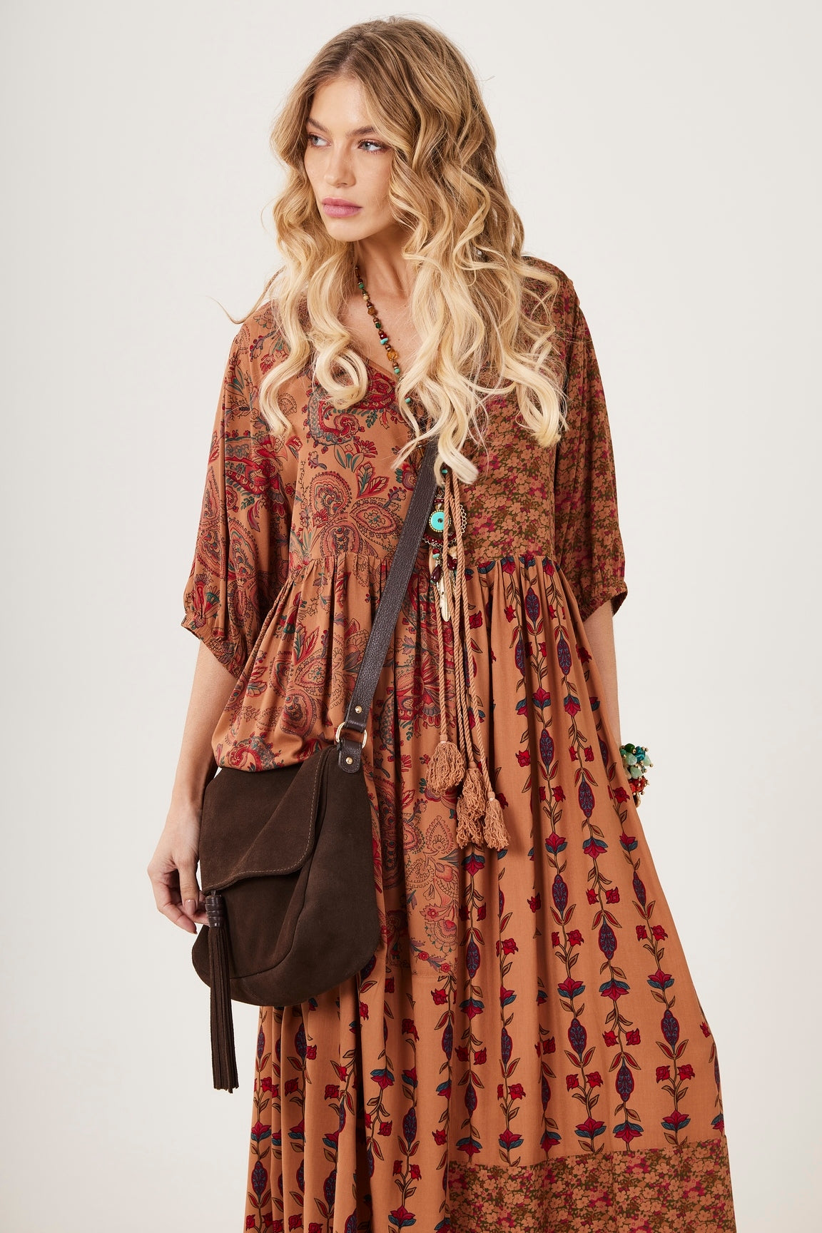 Vestido Longo Estampado Marrom patchwork Yacamim E2