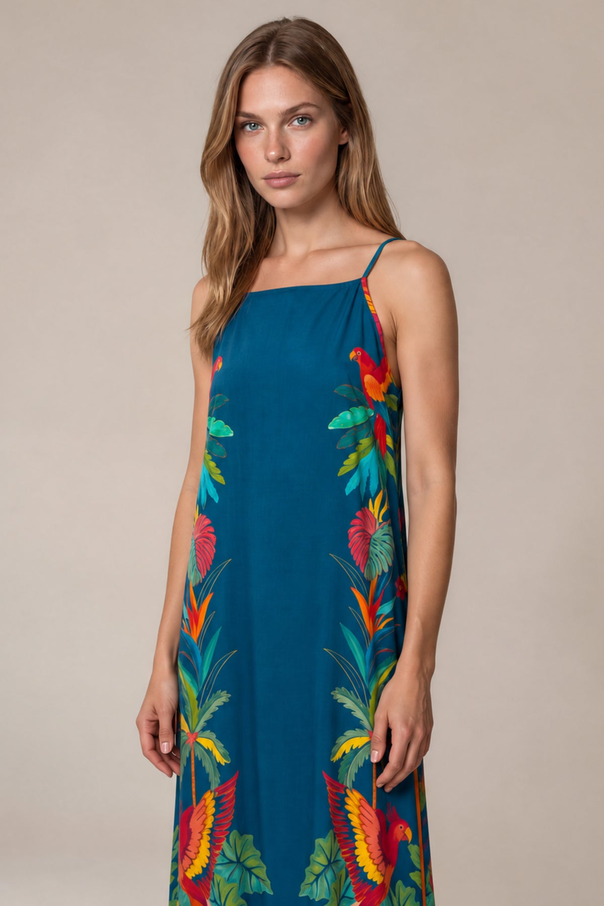 Vestido Longo Com Alças Reguláveis Azul Petróleo Estampado Yacamim C1