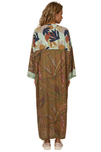 Kimono Longo Com Mangas Longas Verde Estampado Patchwork Yacamim J8