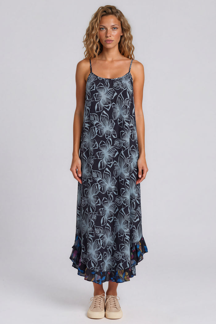 Vestido Midi De Alças Reguláveis Preto Estampado Yacamim D18