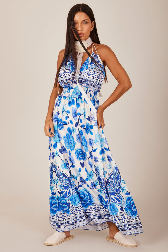 Vestido Midi Frente Única Azul Estampado Yacamim D18