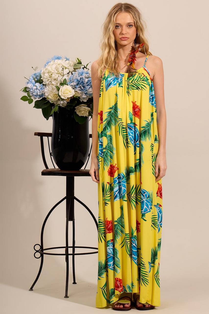 Vestido Longo Com Alças De Amarração Amarelo Estampado Yacamim C17