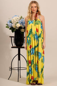 Vestido Longo Com Alças De Amarração Amarelo Estampado Yacamim C17