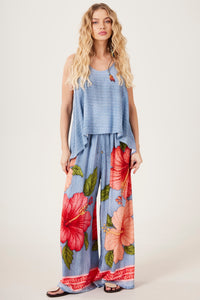 Calça Pantalona Azul Estampa Floral Yacamim A34