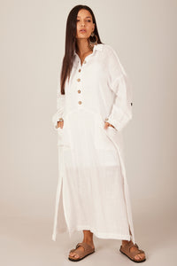 Vestido Midi Mangas Longas Fendas Branco Yacamim M1 Liso