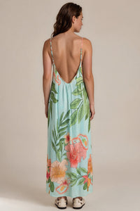 Vestido Longo Alças Reguláveis Costas Abertas Azul Claro Floral Yacamim C30