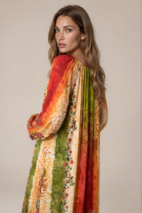 Vestido Longo Com Mangas Longas Colorido Estampado Coleção Manacá Yacamim C23