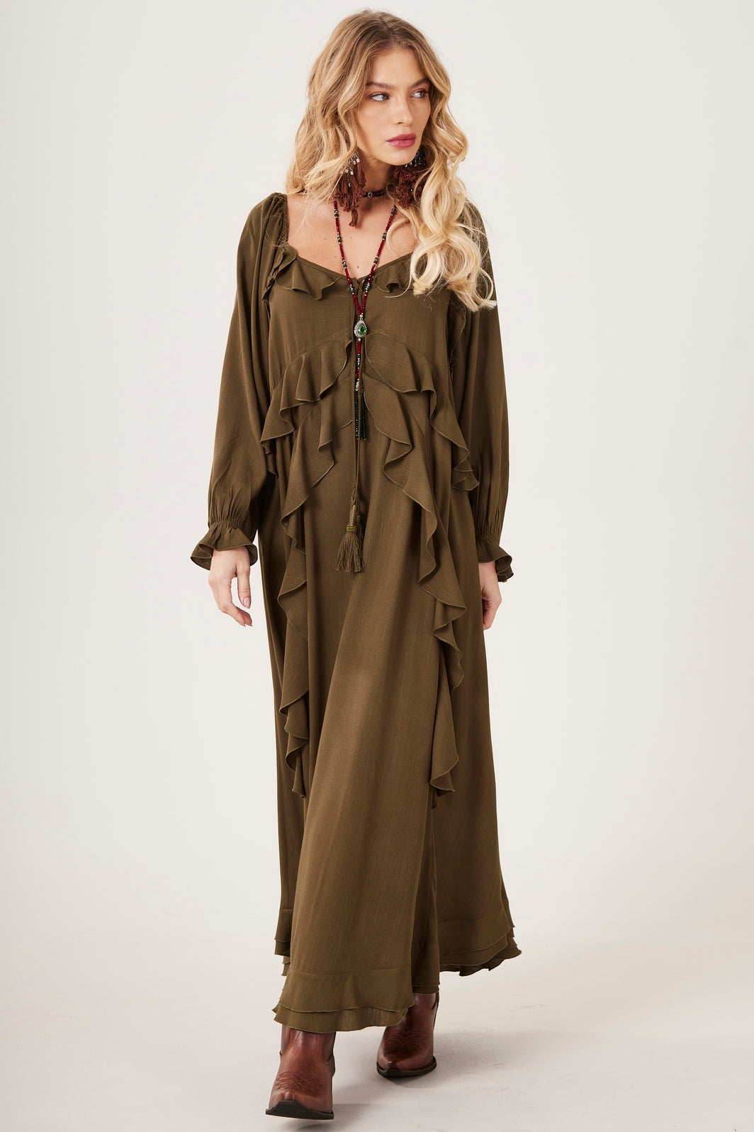 Vestido Longo Decote A Ombro Verde Musgo Yacamim C27 Liso
