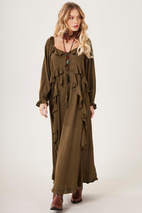 Vestido Longo Decote A Ombro Verde Musgo Yacamim C27 Liso