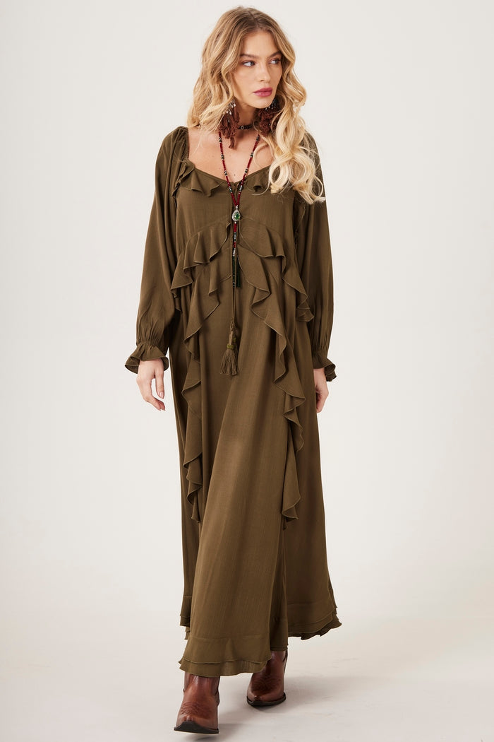 Vestido Longo Decote A Ombro Verde Musgo Yacamim C27 Liso