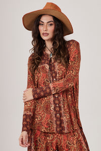 Bata Ampla Com Botões Terracota Estampa Paisley Yacamim B7