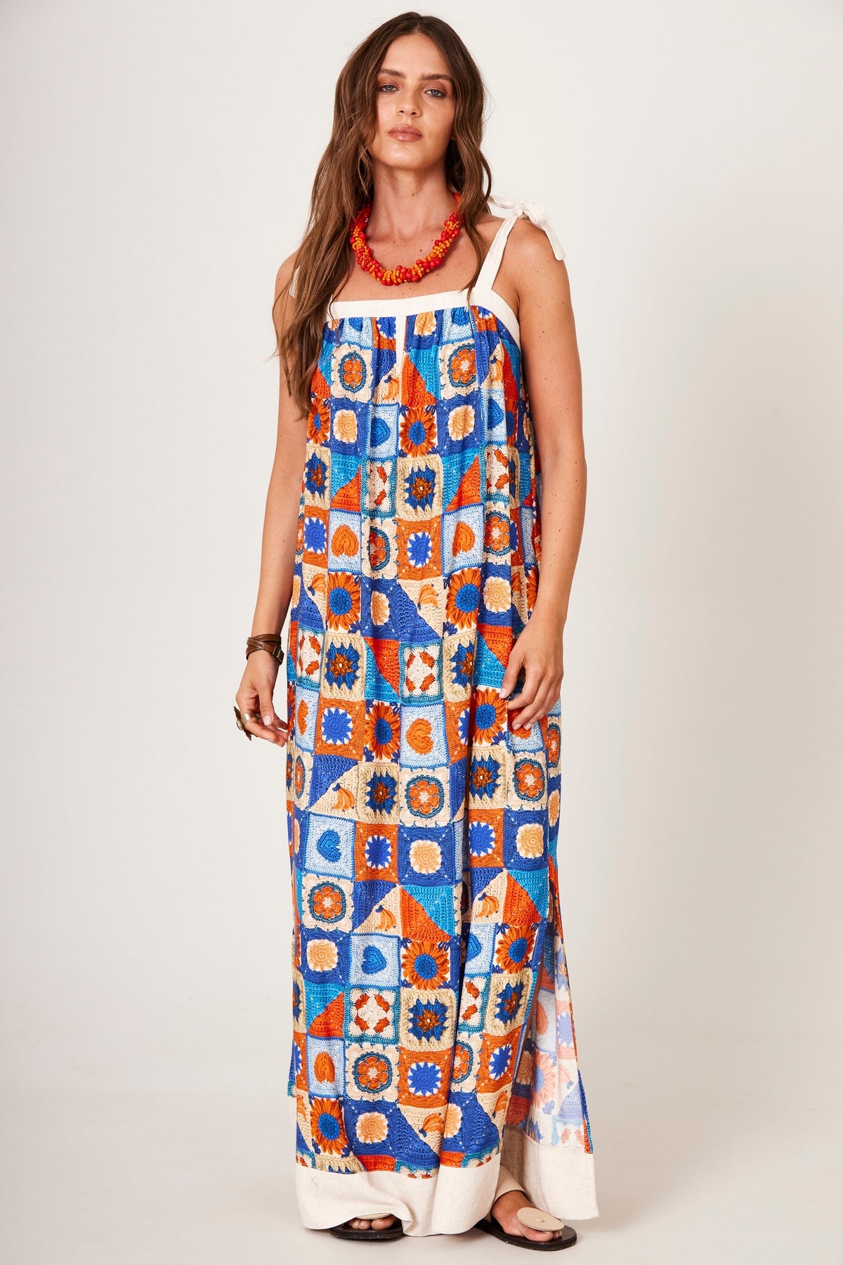 Vestido Longo Com Alças De Amarrar Estampa Geométrica Yacamim C17