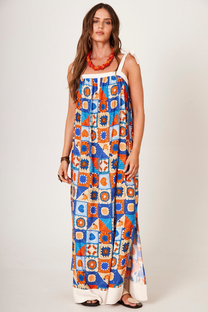 Vestido Longo Com Alças De Amarrar Estampa Geométrica Yacamim C17