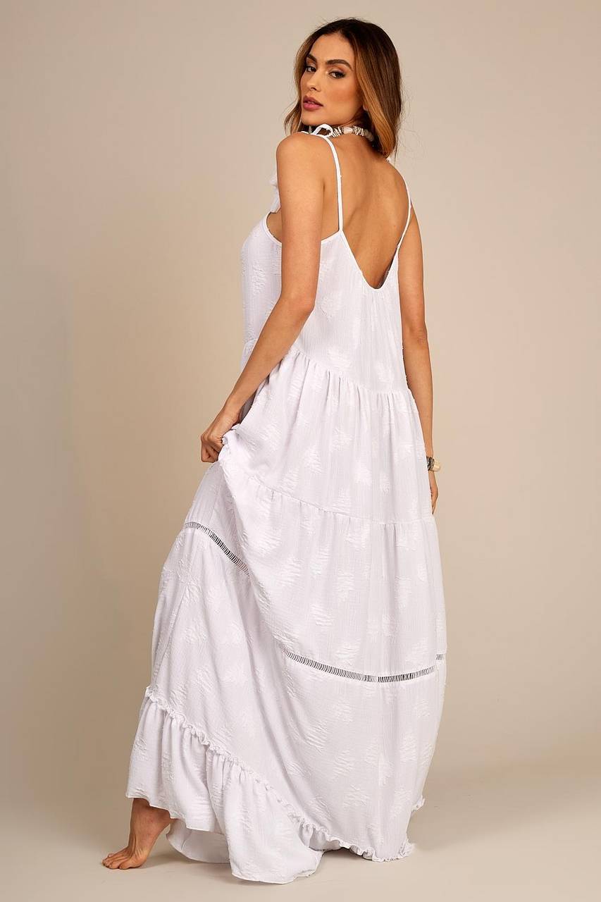 Vestido Longo De Alças Com Entremeios E Babados Branco Yacamim D21