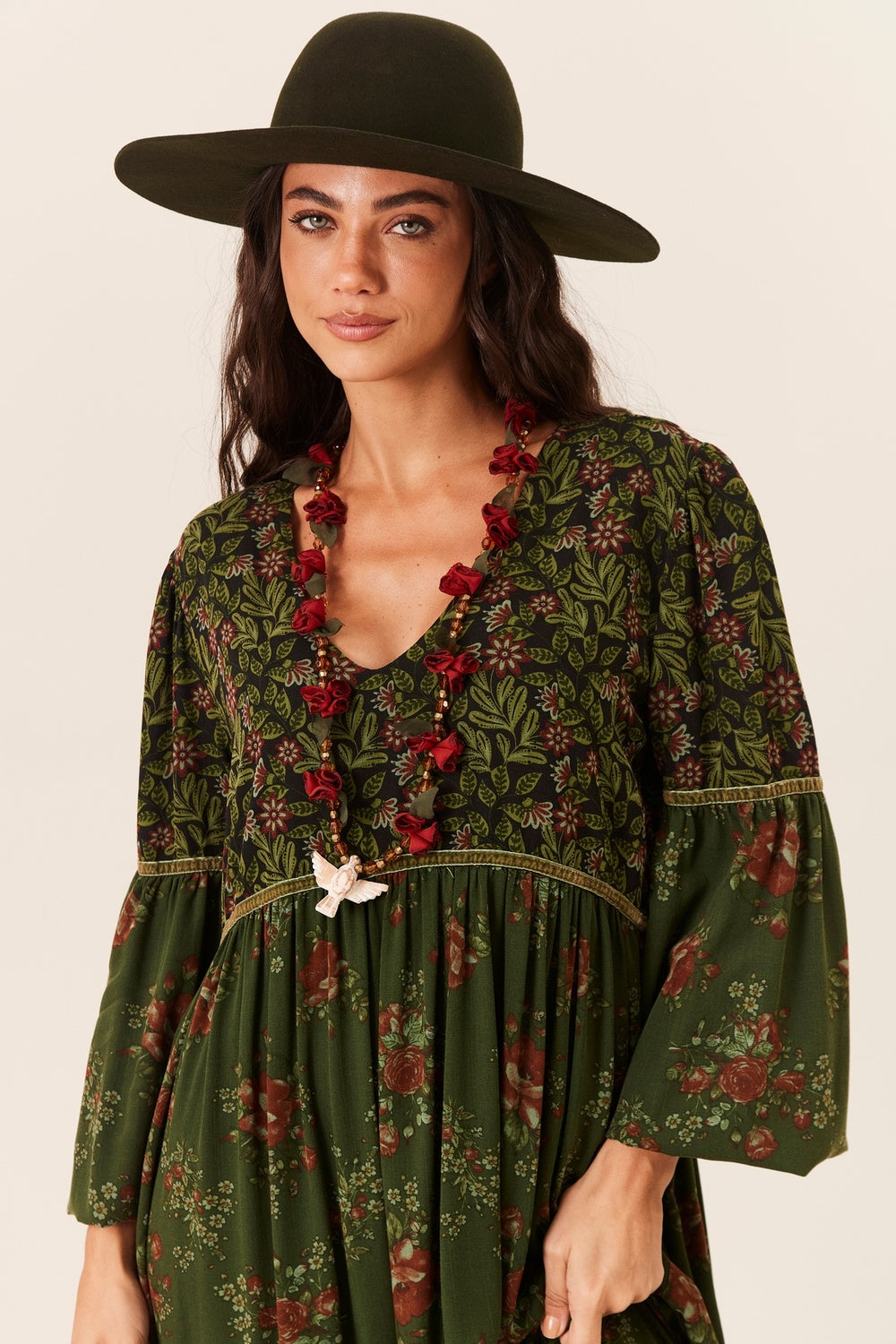Vestido Longo Verde Escuro Patchwork Yacamim C20