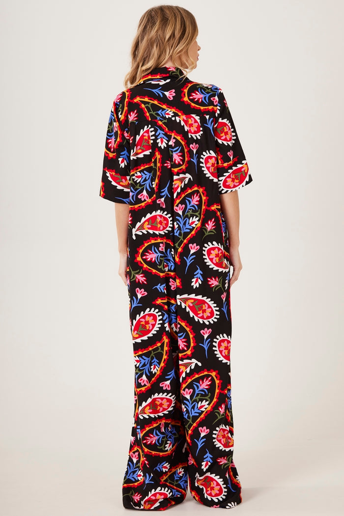 Macacão Longo Saruel Pantalona Preto Paisley Yacamim O10