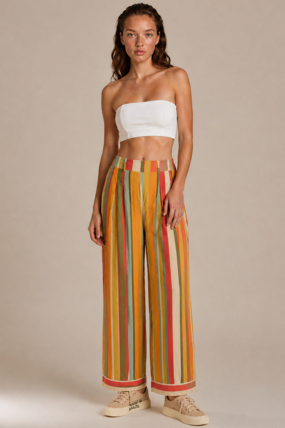 Calça Pantalona Com Bolsos Verde E Laranja Listrada Yacamim I10