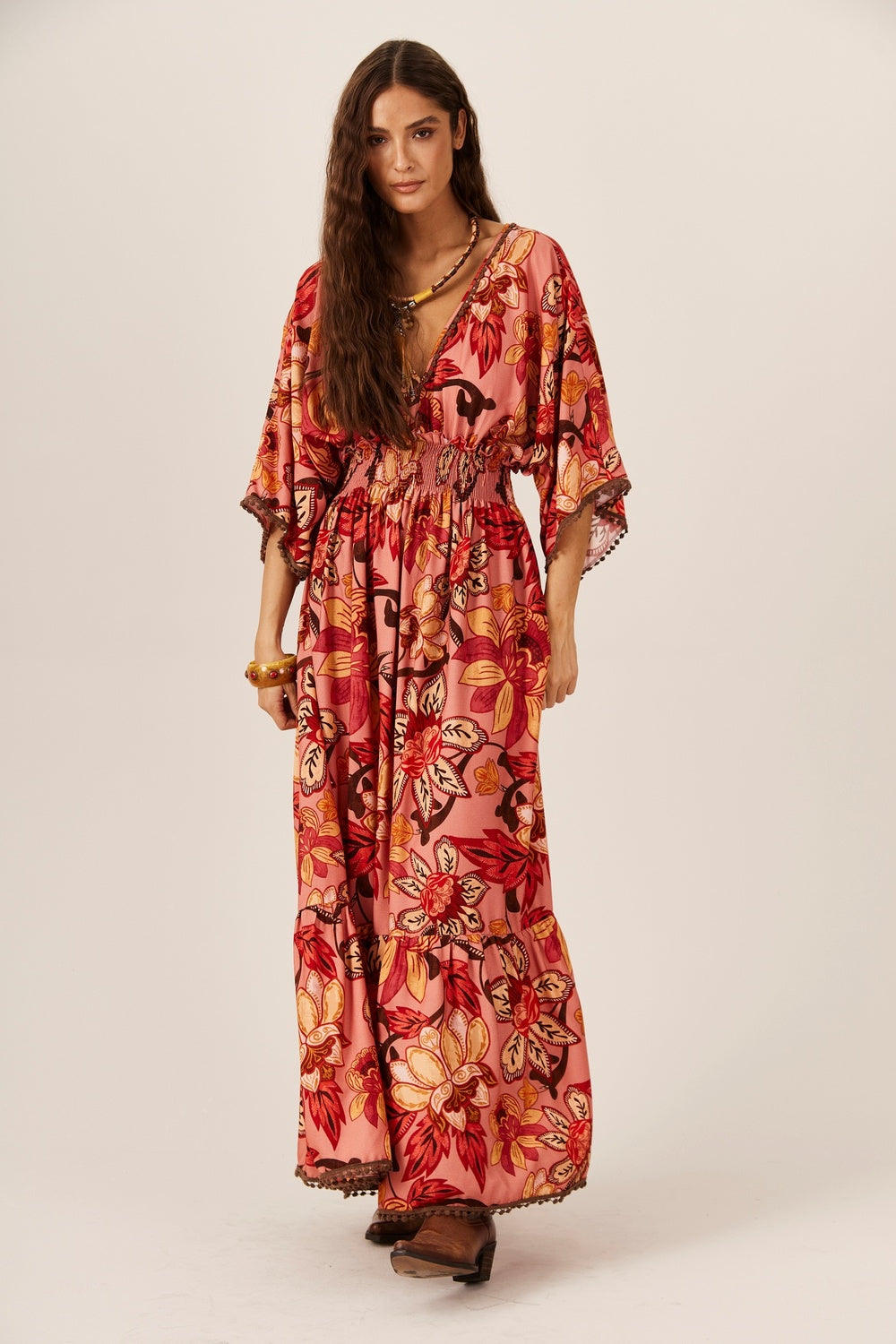 Vestido Longo Com Lastex Na Cintura Rosa Estampado Yacamim D7