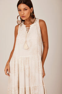 Vestido Regata Longo De Linho Babados Bege Estampado Yacamim C14