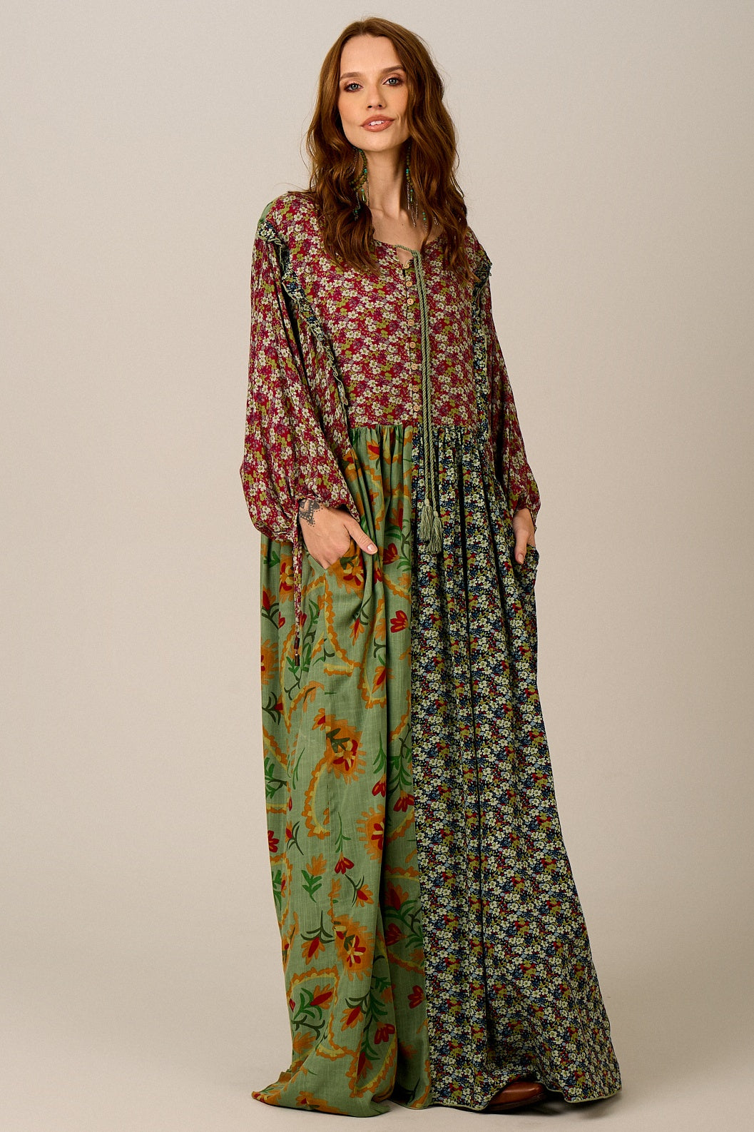 Vestido Longo Amplo Verde Estampado Patchwork Yacamim C20