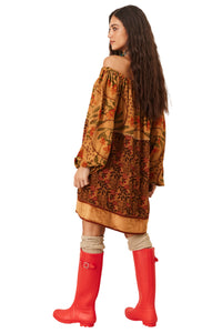 Vestido Curto Ciganinha Patchwork Marrom Claro Yacamim C11