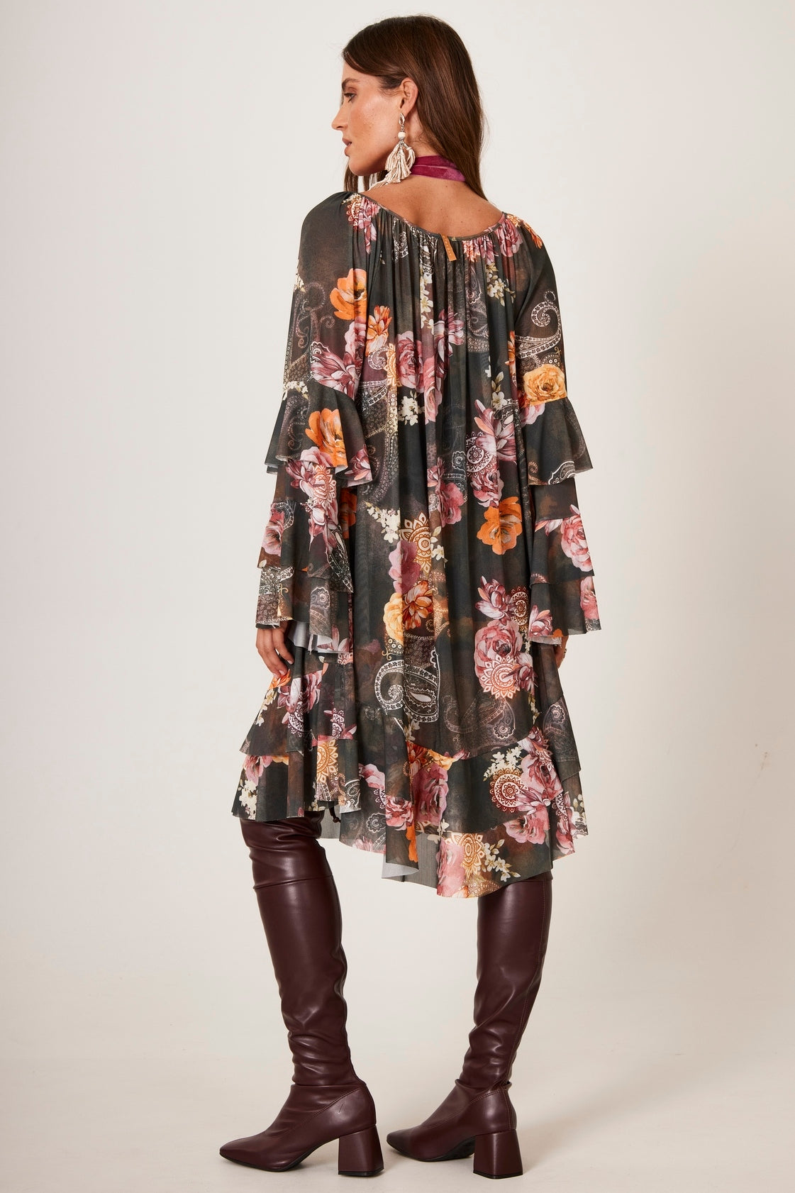 Vestido Curto De Tule Verde Escuro Estampa Cashmere Yacamim E22