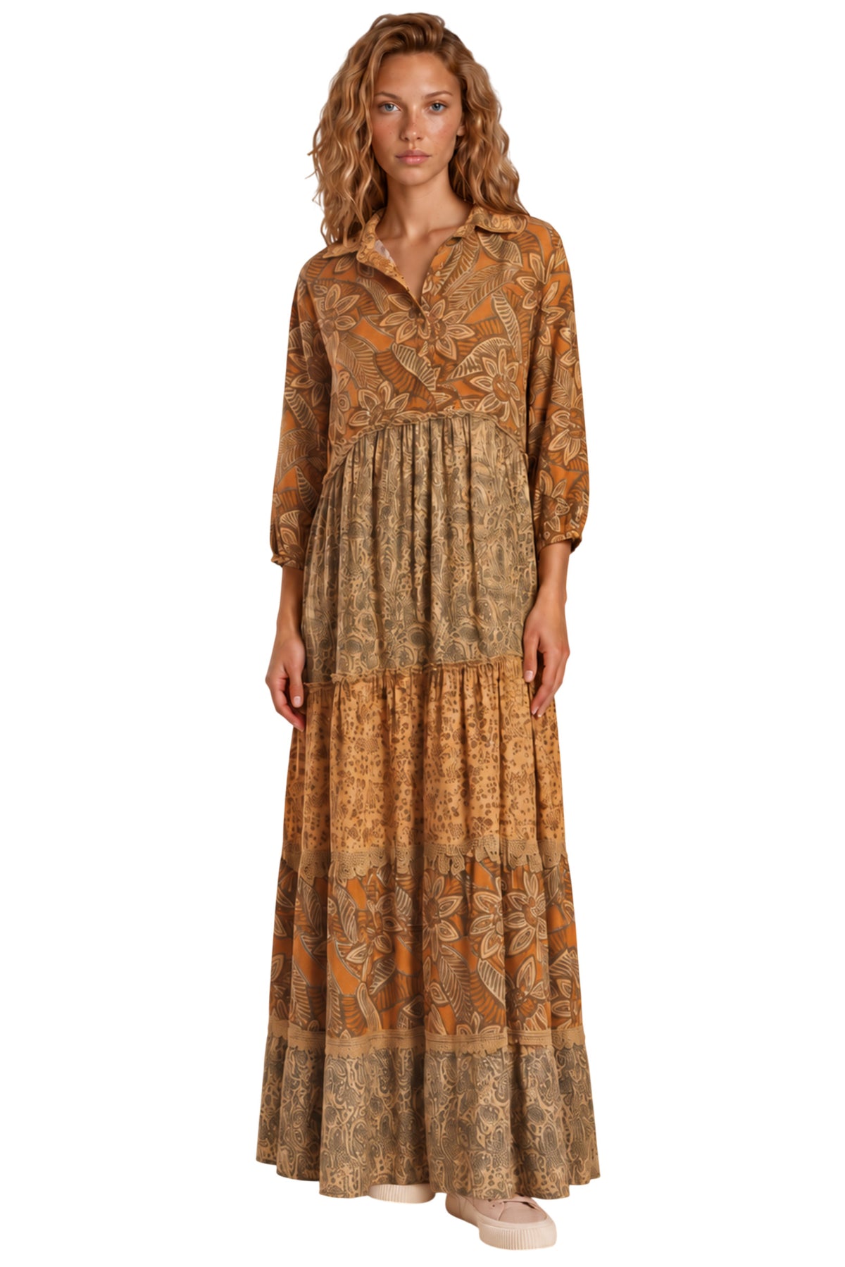 Vestido Longo Amplo Marrom Claro Estampado Patchwork Yacamim D4