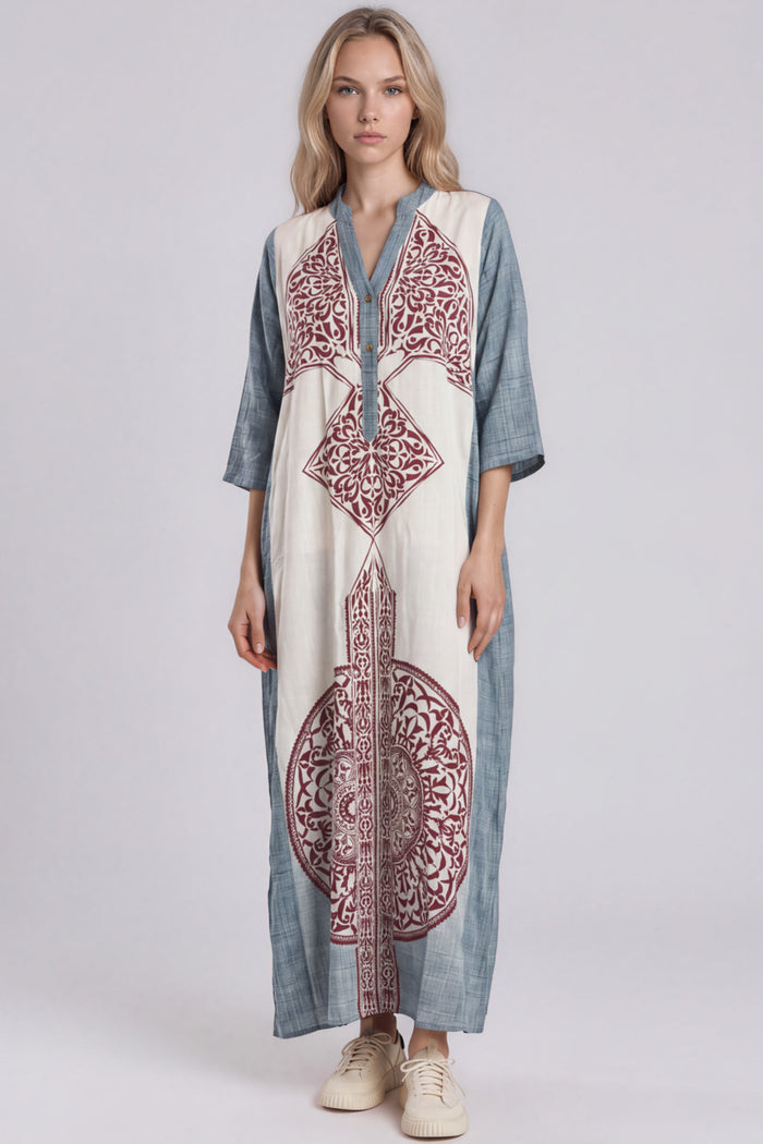 Vestido Longo Gola Padre Bege E Cinza Estampado Yacamim C30