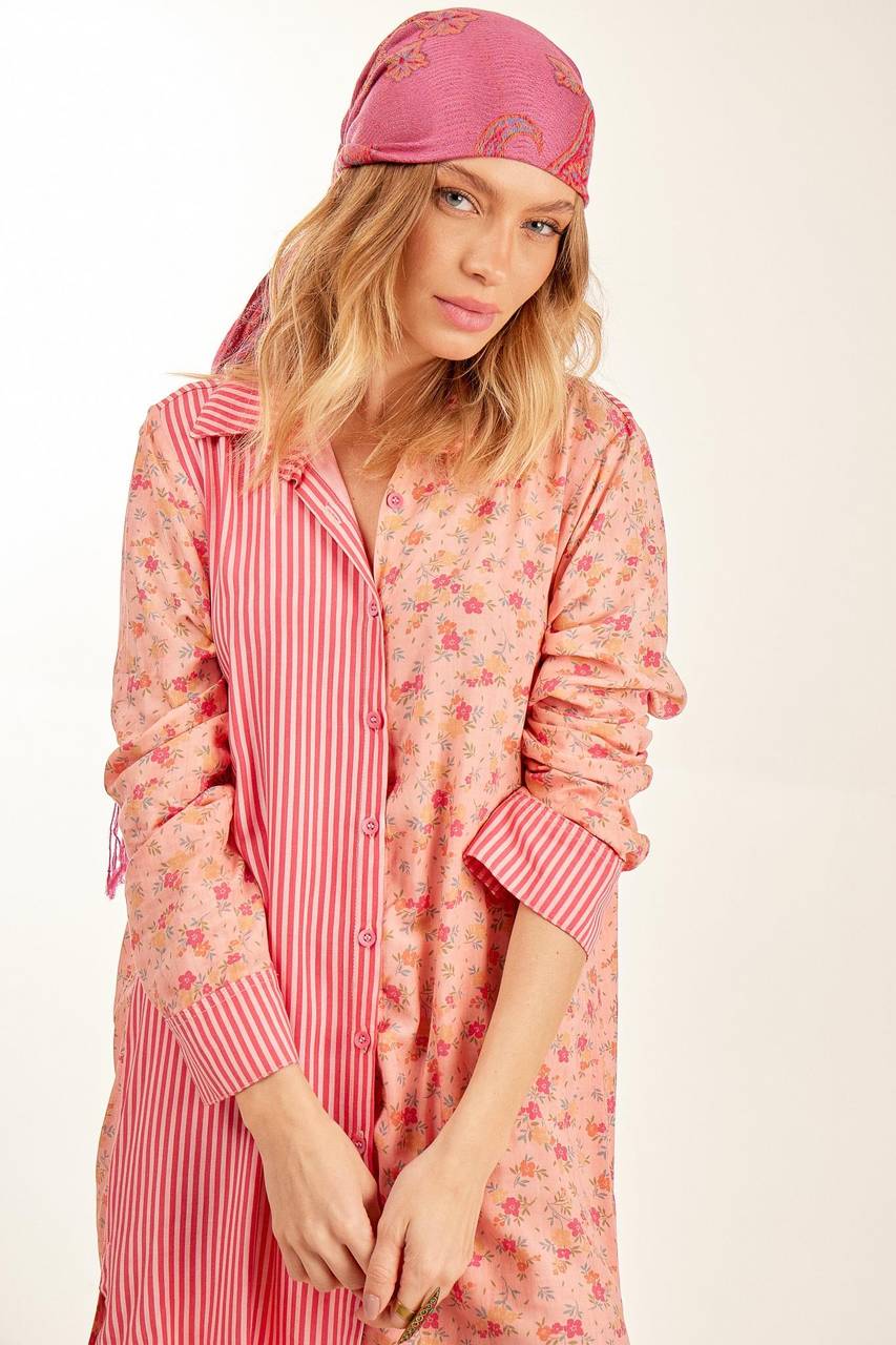 Chemise Composê Rosa Listrado Patchwork Yacamim