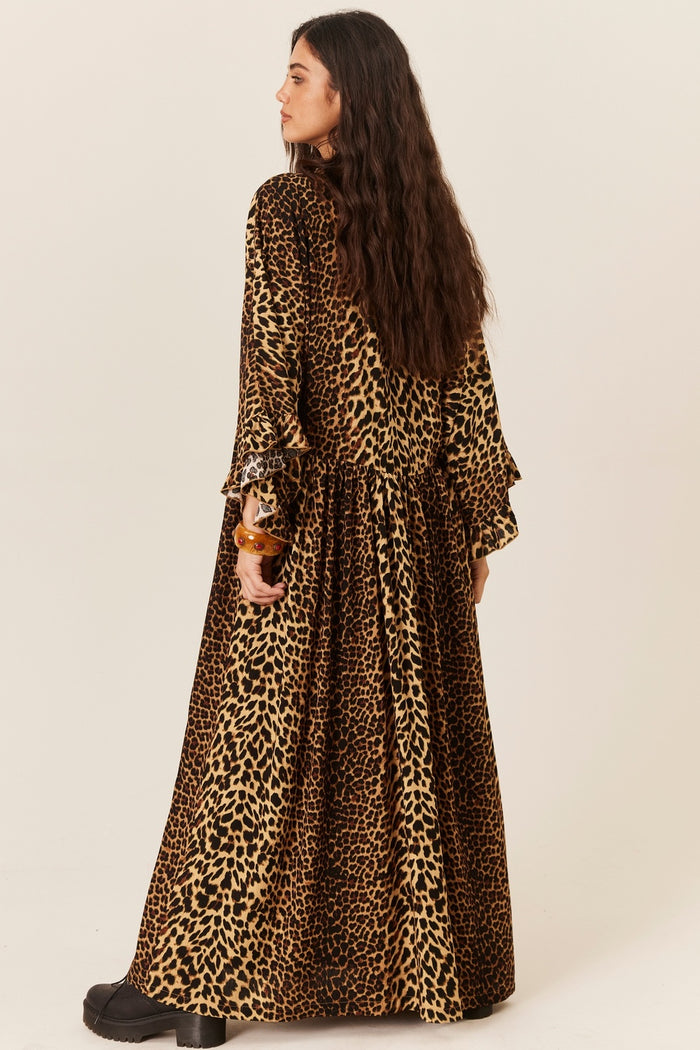 Vestido Longo Amplo Com Mangas 3/4 animal Print Yacamim D18