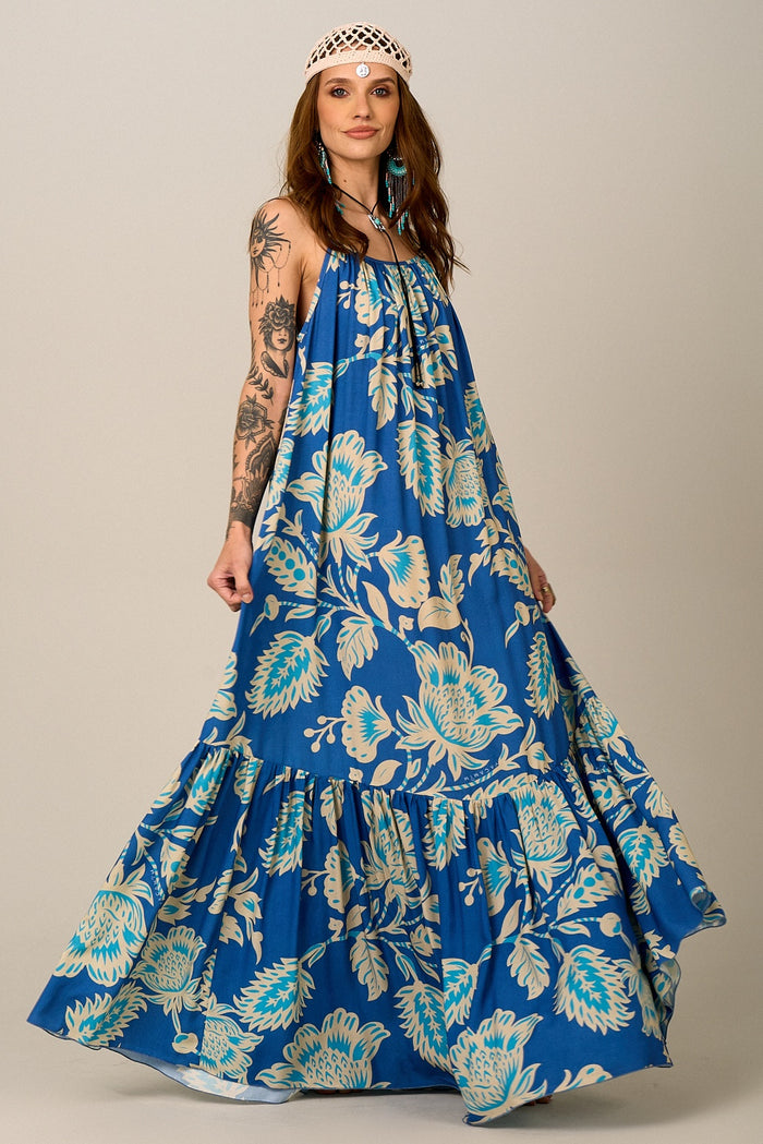 Vestido Longo De Alças Reguláveis Azul Estampado Yacamim E18