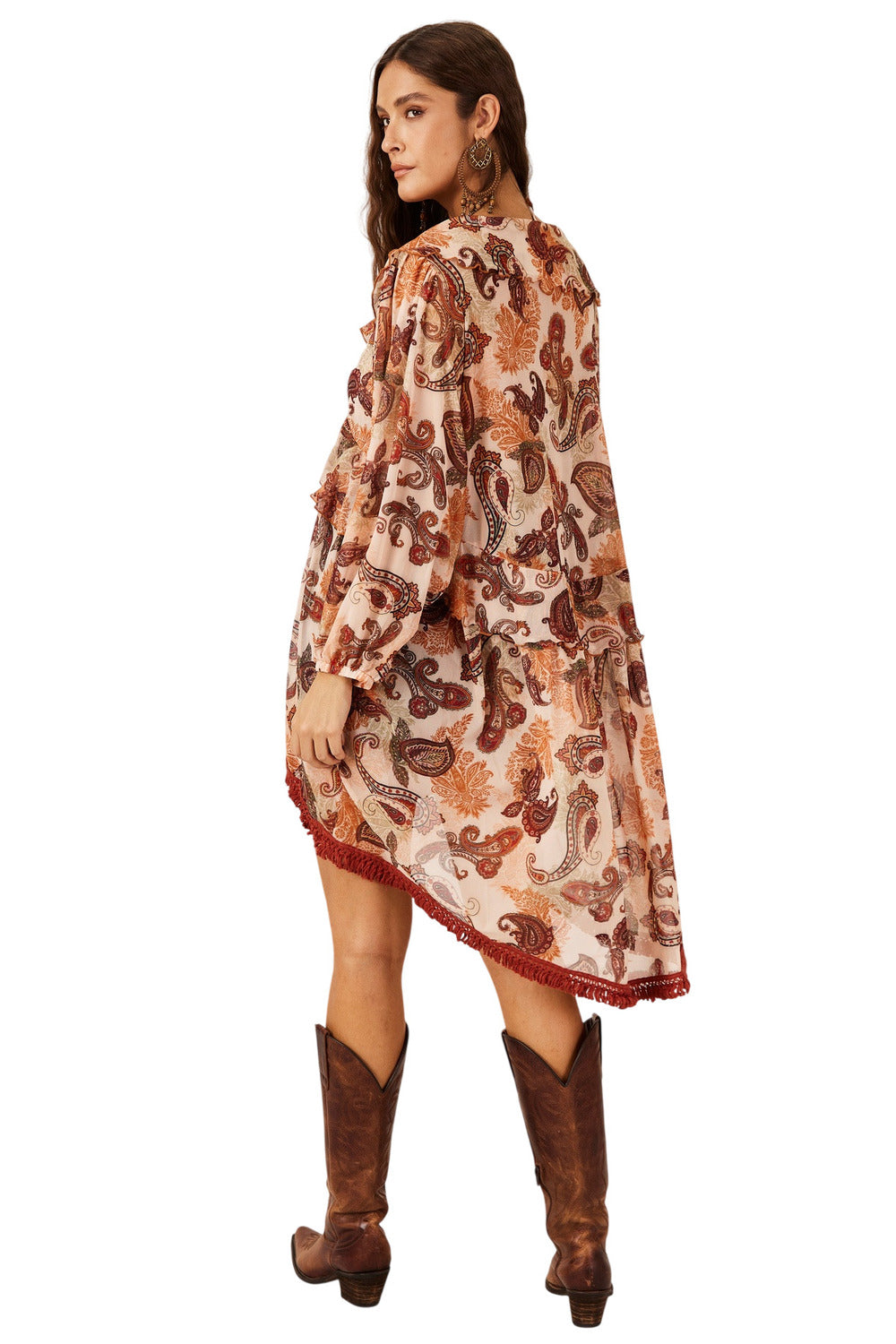 Vestido Curto Mullet Bege Paisley Yacamim E5