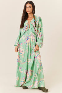 Vestido Longo Decote V Verde Claro Estampado Yacamim D5